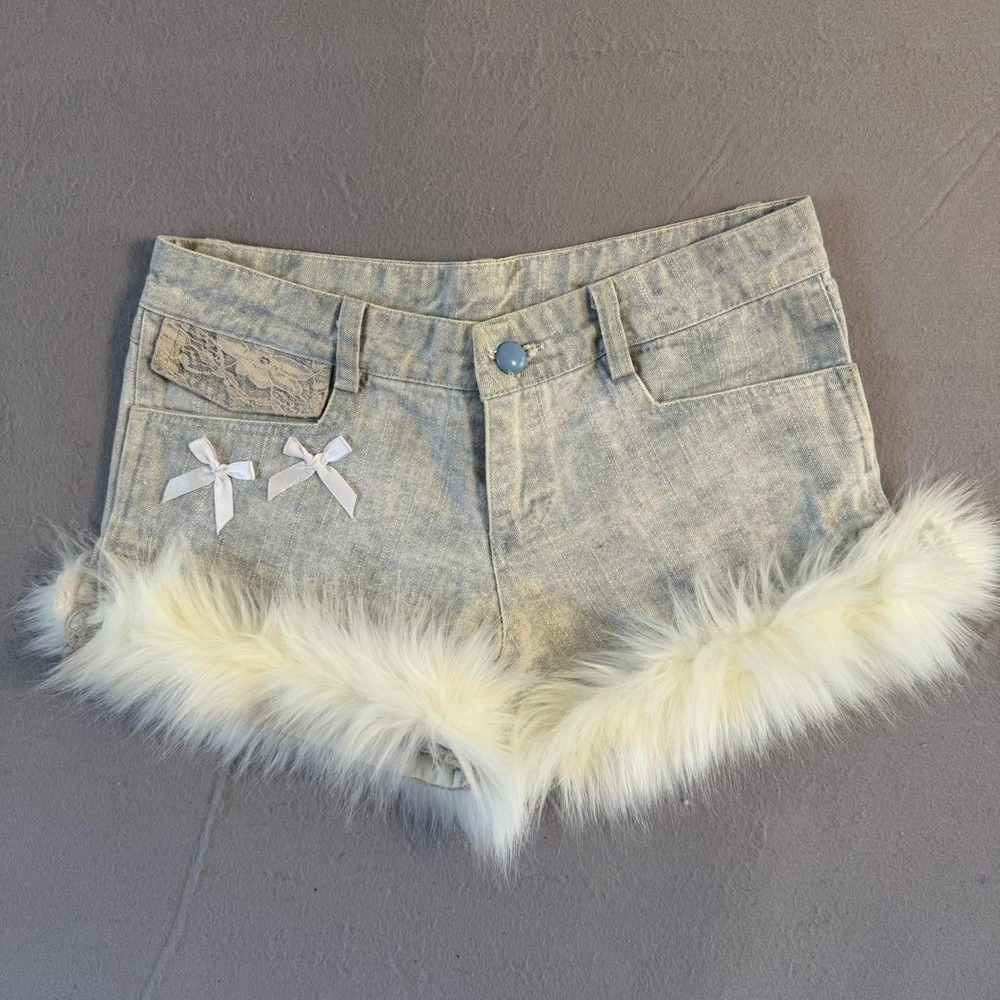 Handmade Kawaii Alt White Fur Trim Denim Shorts Light Wash Low Rise Bows Lace